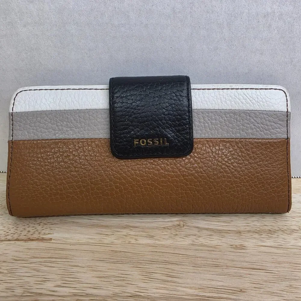 Fossil Colorblock Leather Bifold Wallet Trifold Organizer Brown Tan Black 8x3.5